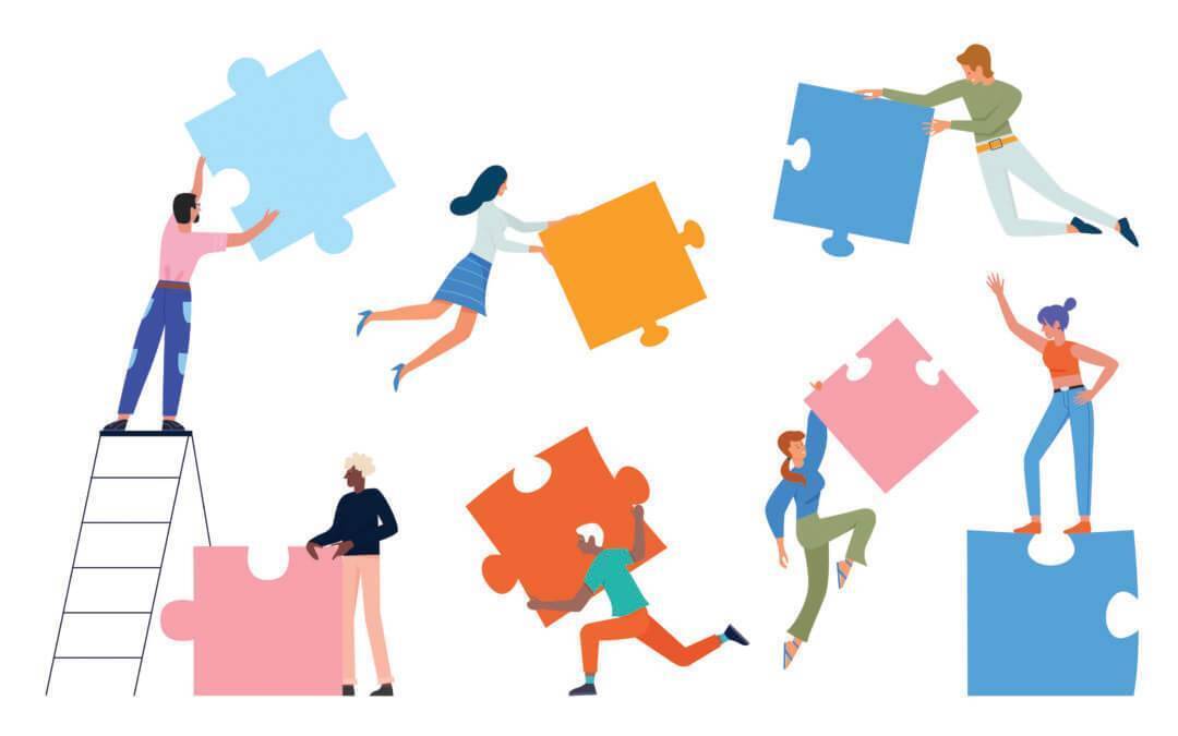 People with puzzle concept vector illustration. Cartoon man woman group of characters in casual clothing, holding puzzle jigsaw pieces, standing and communicating, communication isolated on white