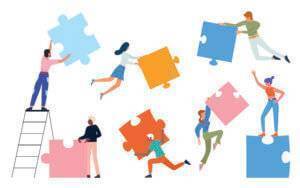 People with puzzle concept vector illustration. Cartoon man woman group of characters in casual clothing, holding puzzle jigsaw pieces, standing and communicating, communication isolated on white